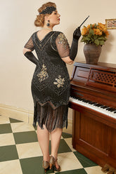 Schwarz Goldene Pailletten Gatsby Fransen Übergröße 1920er Jahre Kleid